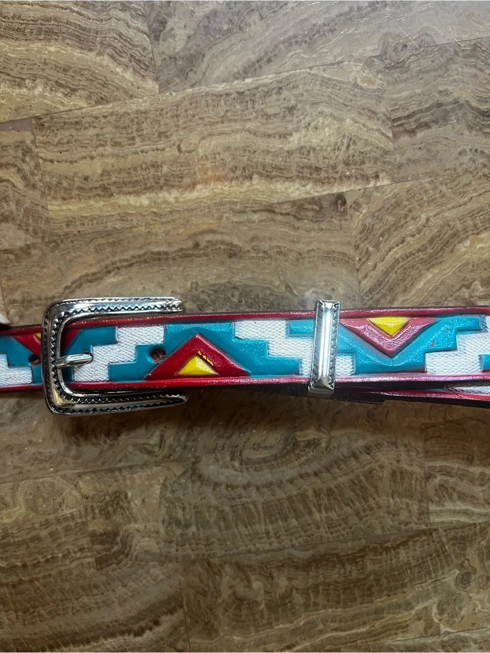 Gotcha Covered Brand Turquoise & Red Leather Belt with Silver Buckle